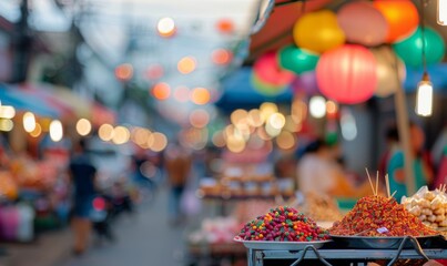 Colorful Umbrella Over Fruit Stall at Night Market