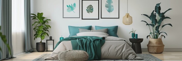 Modern bedroom with bed, gray and teal decor, white wall with black frames above bed, and floor rug. Interior design concept in diverse artistic styles.