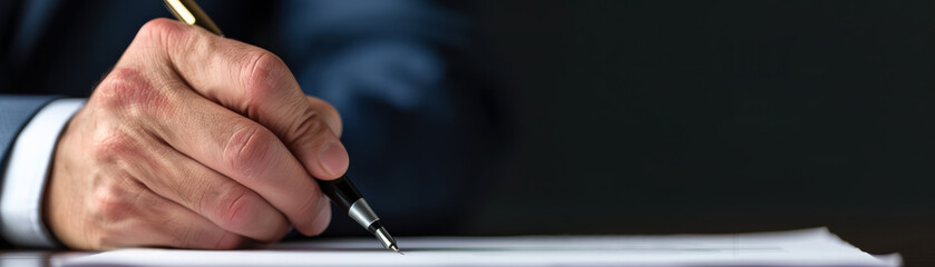 Close-up of a hand in a business suit signing a document with a pen, symbolizing agreement, contract, or official paperwork.