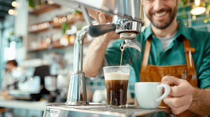 A barista in a green apron is brewing coffee using a professional machine and serving it in a cozy and inviting cafe, showcasing the art of coffee-making and customer service.