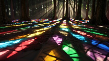 A surreal forest where trees are made of vibrant stained glass, casting colorful shadows on the forest floor, with mythical creatures roaming freely