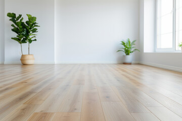 Spacious empty room with light wood flooring and large windows, adorned with green potted plants, creating a bright and serene atmosphere.