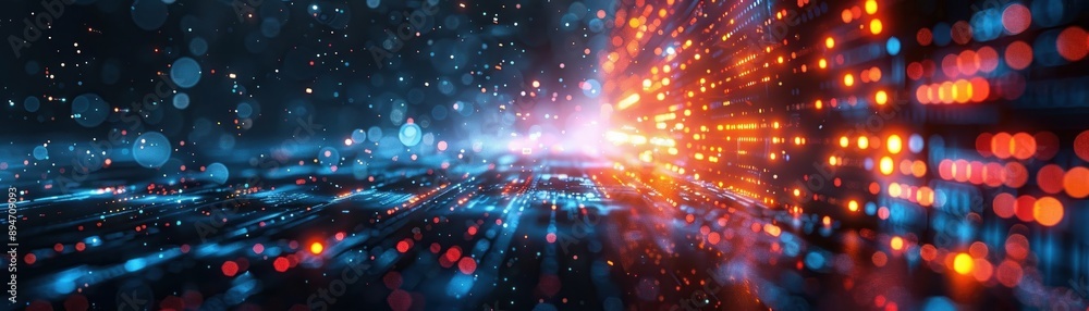 Poster abstract digital data stream with glowing dots and lines in blue and orange, representing technology