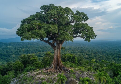 A giant kapok tree towering over the surrounding rainforest