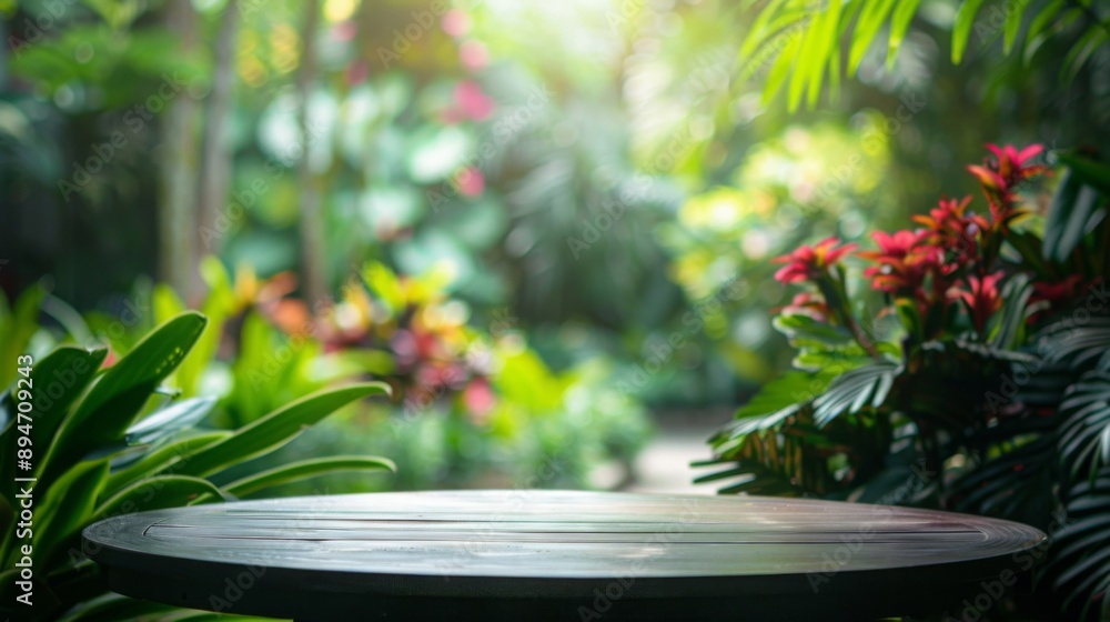 Poster a wooden table sits in a tropical garden, surrounded by green foliage and vibrant flowers. sunlight 