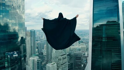 Mysterious Cloaked Figure Rising Among Skyscrapers - Powered by Adobe