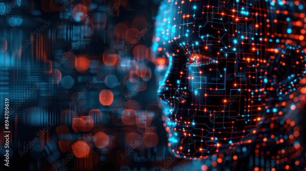 Poster digital face with colorful circuits glowing in the dark, representing ai technology, future innovati