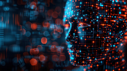 Obraz premium Digital face with colorful circuits glowing in the dark, representing AI technology, future innovation, and virtual intelligence in a futuristic design.