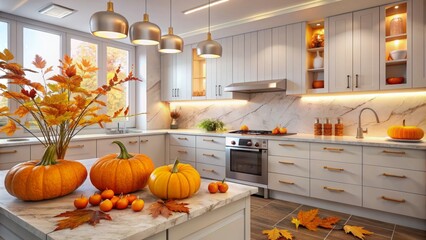 Vibrant orange pumpkins and fallen leaves adorn a sleek white modern kitchen, warm lighting highlights the autumnal decor amidst gleaming appliances and crisp marble countertops.