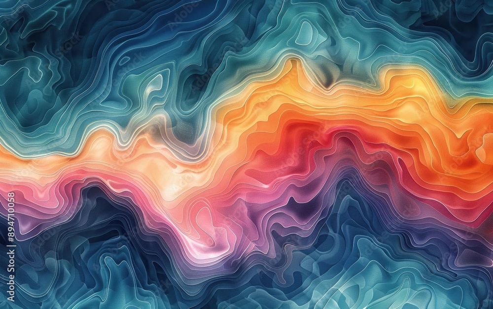Poster vivid abstract topographic map with colorful gradients and smooth contours, creating a mesmerizing v