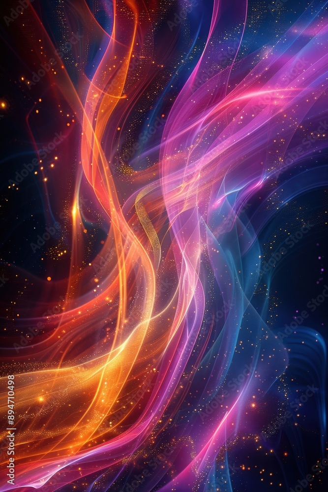 Poster vibrant abstract swirl of colorful light trails and sparkling particles on a dark background, creati