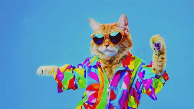 A playful and stylish cat wearing sunglasses and a colorful clothes, dancing. This vibrant and humorous image captures the quirky personality of cats and brings a smile with its bright colors and whim