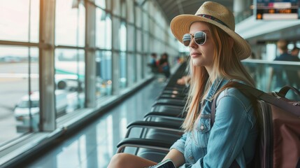 Fototapeta premium Ready to Explore: Young Tourist at Airport Departure