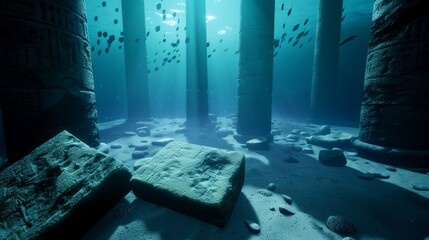 An underwater scene featuring bioluminescent marine life illuminating an ancient, sunken city, with mysterious artifacts scattered around