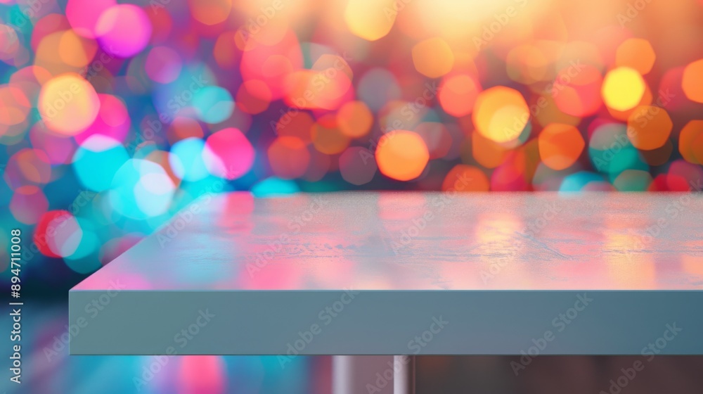 Poster A white table with a blurred background of colorful lights, creating a festive and vibrant atmosphere.