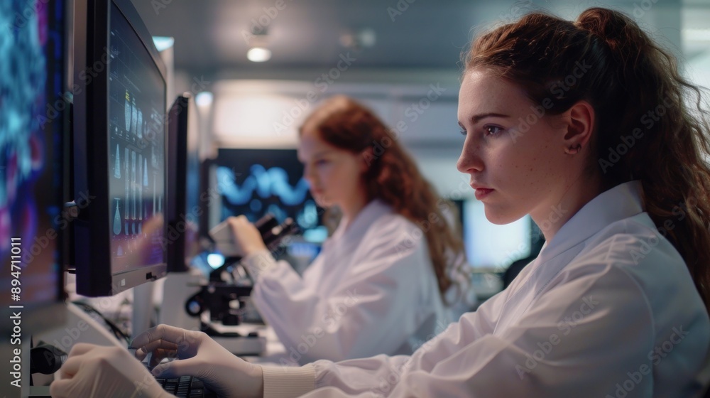 Poster lab research: scientists working in a modern laboratory