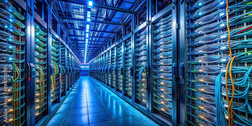 Poster rows of humming servers and data racks stretch into darkness, cables and wires weaving a complex net