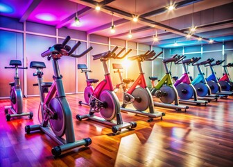 Vibrant gym studio background showcasing diverse empty exercise bikes, promoting group fitness classes for women of all ages and races to stay healthy and active.