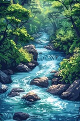 Naklejka premium Serene forest stream flowing through lush green foliage and rocks, reflecting sunlight in a peaceful natural setting.