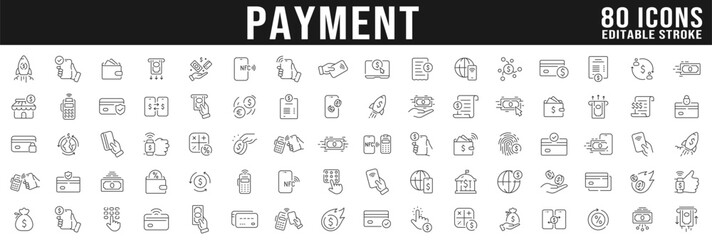 Big set of payment related line icons. NFC, card, phone, money, cash, wallet etc. Editable stroke