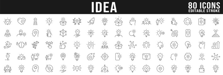 Creative idea line icon big set. Brainstorming, lightbulb, solution, innovation etc. Editable stroke