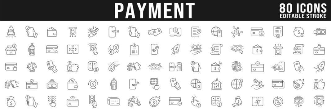 Big set of payment related line icons. NFC, card, phone, money, cash, wallet etc. Editable stroke