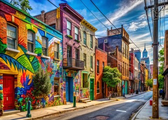 Obraz premium Vibrant urban streetscape featuring graffiti-covered buildings, colorful painted signs, and eclectic street art adorning the walls of a lively city's trendy neighborhood district.