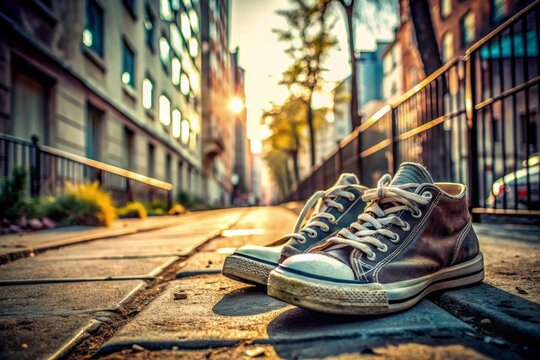 Urban solitude captured in a pair of scuffed up sneakers standing alone on a weathered sidewalk, telling a story of daily city struggles and worn-out dreams.