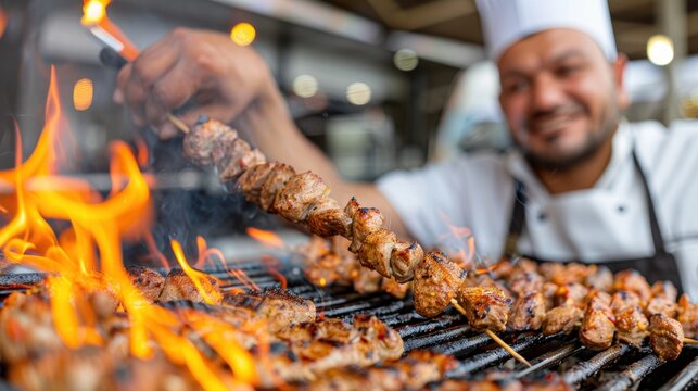 This chef, in a white coat, is grilling meat skewers with visible flames and a cheerful expression, emphasizing intense focus and proficiency in outdoor culinary techniques.