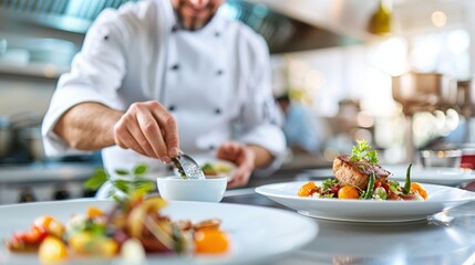 A chef is expertly preparing a gourmet dish with meticulous attention to detail, showcasing his culinary skills in a bustling modern kitchen filled with vibrant ingredients.
