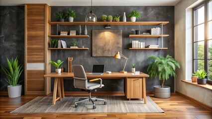 Modern home office with a large chalkboard wall for brainstorming, surrounded by wooden desk, ergonomic chair, and organized shelves, promoting creativity and productivity.