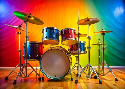 Vibrant drum set against a colorful studio background, with ample copy space, perfect for promoting children's music education or creative kid-focused programs.
