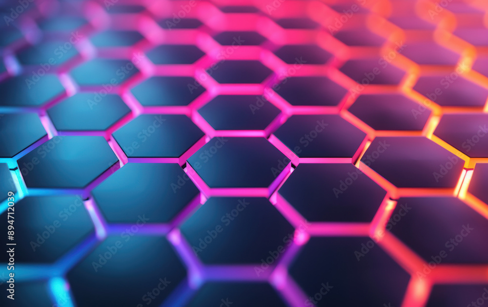 Poster vibrant hexagonal patterned background with neon gradient colors, creating a futuristic and dynamic 