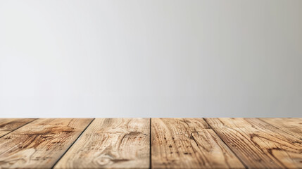 Wooden plank floor with a blurred white background, ideal for showcasing products or creating marketing materials with a natural, rustic feel.