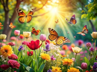 Vibrant colors explode in a serene springtime garden, delicate flowers sway in the gentle breeze, and butterflies dance amidst lush greenery and warm sunlight.