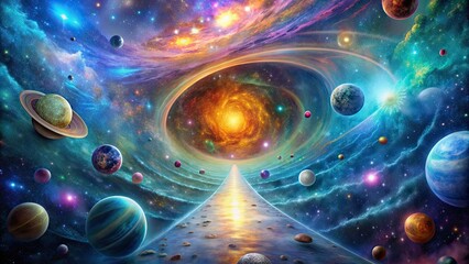 Psychedelic image of a cosmic journey through multiple universes, psychedelic, cosmos, journey, multiverse, space, universe
