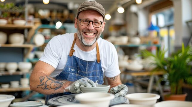 A cheerful potter smiles while making pottery in a bright workshop, surrounded by pottery items and tools, displaying his passion and dedication for his artisanal craft.