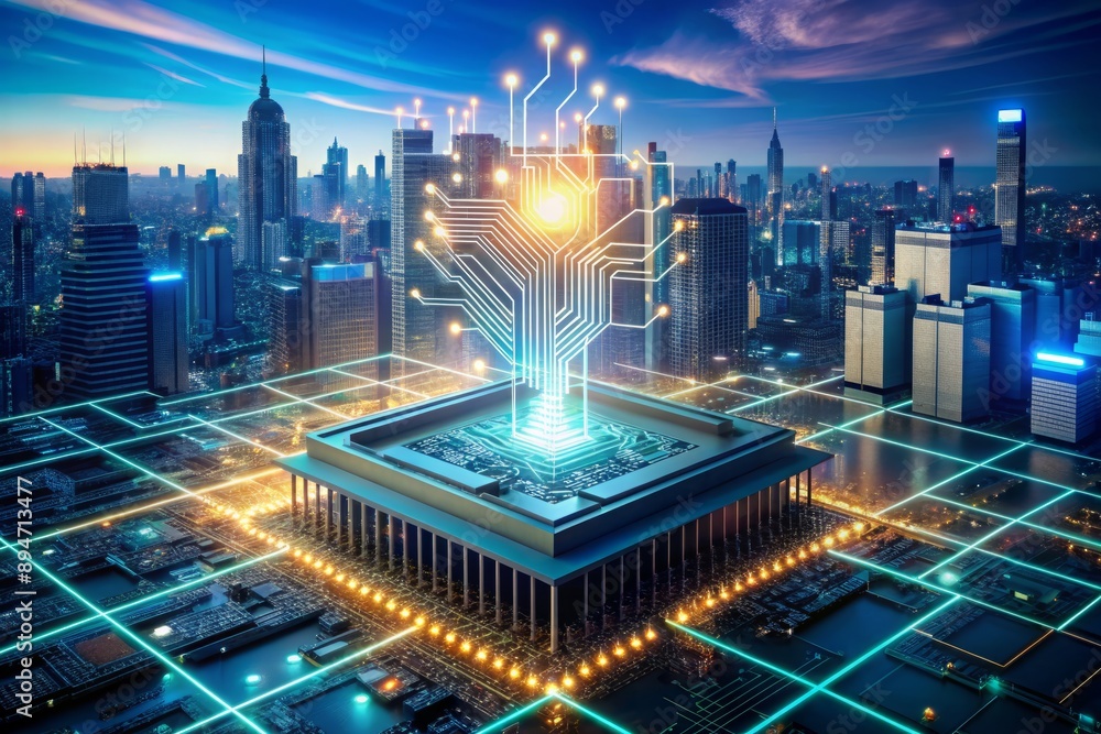 Poster futuristic digital landscape displays artificial intelligence process analyzing business data on tec