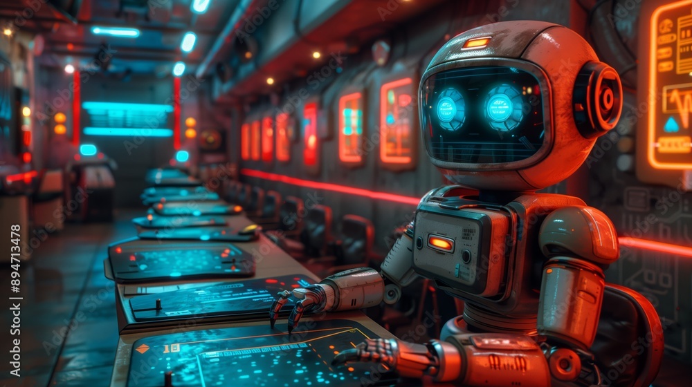 Poster a futuristic robot teacher stands at a desk in a brightly lit classroom, using its robotic hands to 