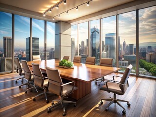 Empty conference room with modern furniture and cityscape view, awaiting business professionals to seal a deal with a firm handshake and successful partnership.