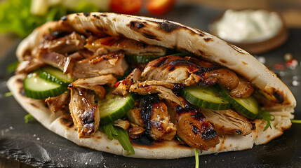 Chicken and mushroom shawarma sandwich Barbecue meat with cucumbers on a green pita