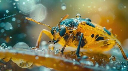 Naklejka premium Beautiful close-up of a yellow and black insect on a piece of amber, emphasizing its natural beauty