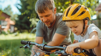 Obraz premium A father attentively teaches his young child how to ride a bike in their backyard, symbolizing parental guidance, learning new skills, and bonding through outdoor activities.