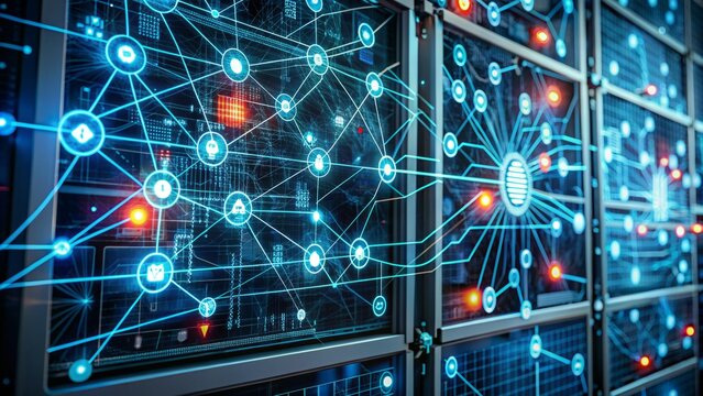 A futuristic computer screen displays a complex network diagram, with flashing nodes and cables, amidst a dark background, highlighting cybersecurity monitoring and threat detection.