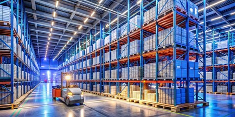 Fototapeta premium Modern warehouse interior with rows of shelves and automated guided vehicles, illuminated by bright LED lights, with digital screens displaying real-time inventory tracking data.