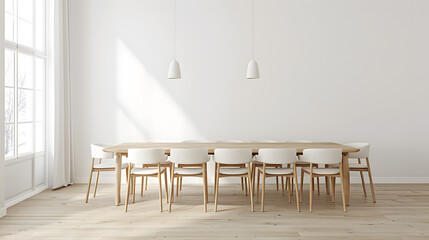 Modern minimalistic dining room with wooden furniture, large windows, and pendant lighting in a bright and spacious interior design mockup, perfect for customization