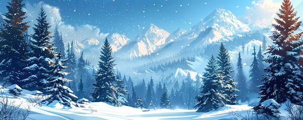 A breathtaking winter landscape with snow-covered trees and mountains under a clear blue sky, providing a serene and tranquil atmosphere.