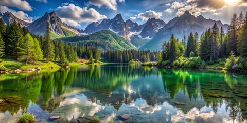 Serene mountain lake landscape with surrounding peaks and lush greenery, perfect for a peaceful outdoor adventure with friends or romantic getaway.