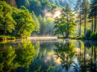 Fototapeta premium Serene misty forest with lush greenery, gentle sunlight, and a tranquil lake reflection, evoking a sense of stillness and inner harmony in nature's embrace.