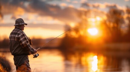 An angler is casting his fishing line into gently rippling water at sunset, capturing the serene and peaceful essence of an evening spent in quiet contemplation by the lake.